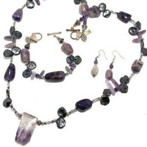 Handmade Jewelry Set by Surdigirl - Amethyst Quartz, Keishi Pearls